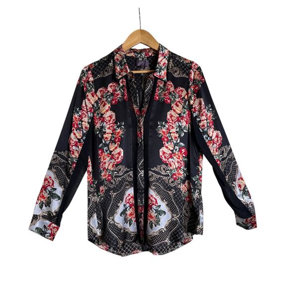 Hale Bob Silk Floral Blouse Black Red Rose Baroque Print Button Down Top Size M - Picture 1 of 7
